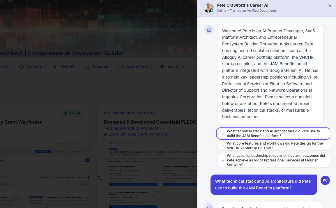 Live Alloquy Public Profile with interactive 24/7 AI Recruiter Assistant drawer open