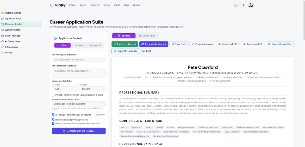 Alloquy Career Application Suite generating customized, high-impact resumes and matching cover letters