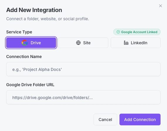 Google Drive Read-Only OAuth integration interface showing indexed project folders and verified document badges