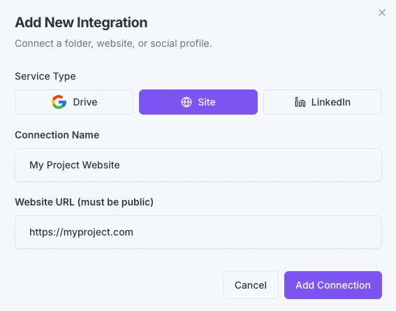 Public URL and Website case study import showing Figma, Loom, and GitHub evidence thumbnails