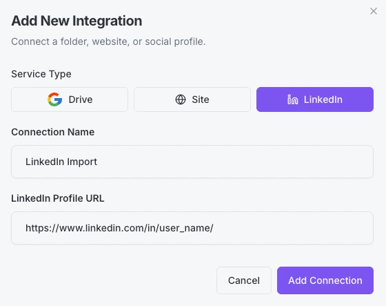 LinkedIn Profile Sync interface importing career milestones and company history in 1 click